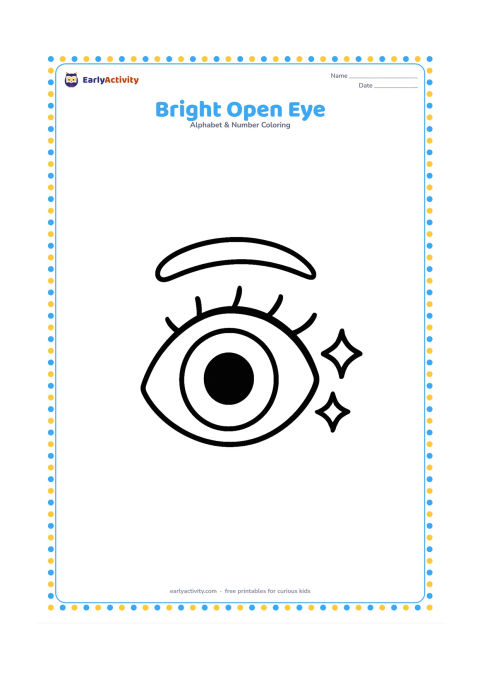 Colouring page: Draw one large open eye with a round iris, curved eyelashes and two small sparkle shapes. Add a simple eyebrow above it.