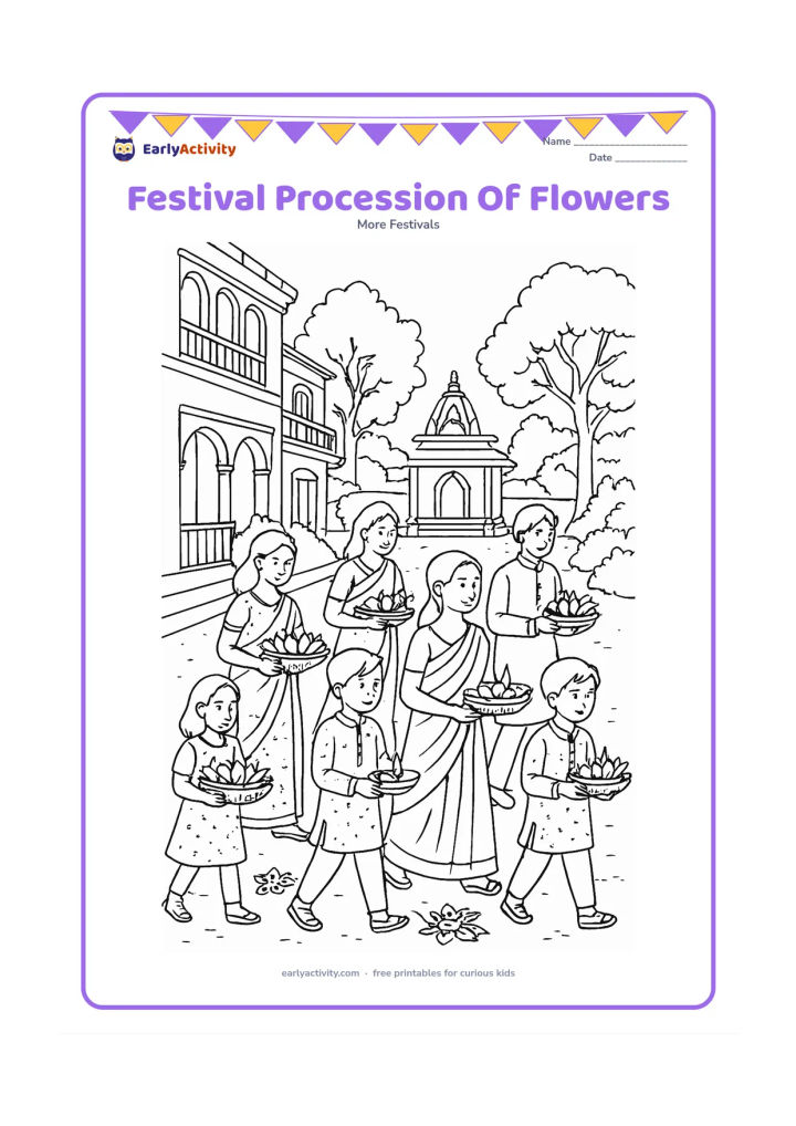Colouring page: A peaceful group of children and adults walks through an Indian street carrying baskets of lotus flowers and lamps toward a small temple courtyard. Add balconies, trees, rangoli shapes…