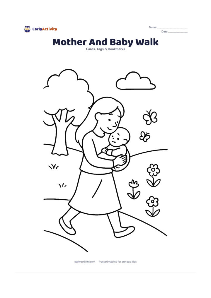 Worksheet: A mother walks outdoors while holding a baby safely against her, with a path, leafy tree, butterflies and a few garden flowers behind them. Leave an open sky area for the child's message…