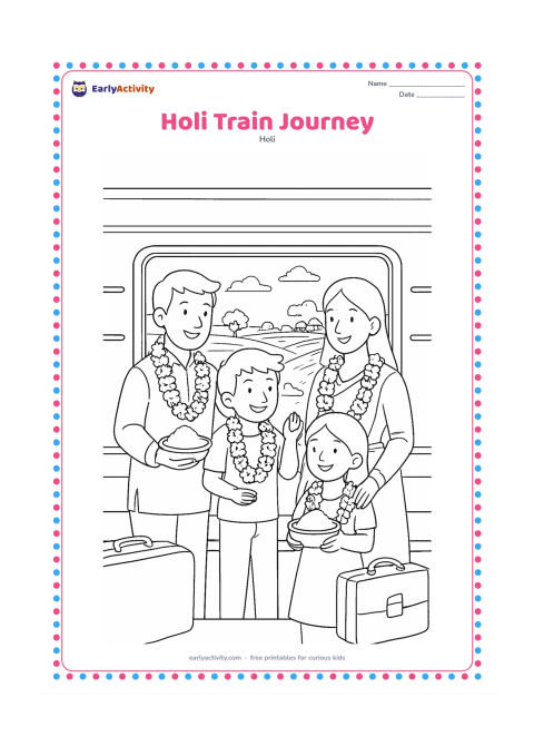 Colouring page: A family travels by train during spring Holi, looking from an open window at fields, trees and distant village homes while carrying gulal bowls and flower garlands. Include a blank train…
