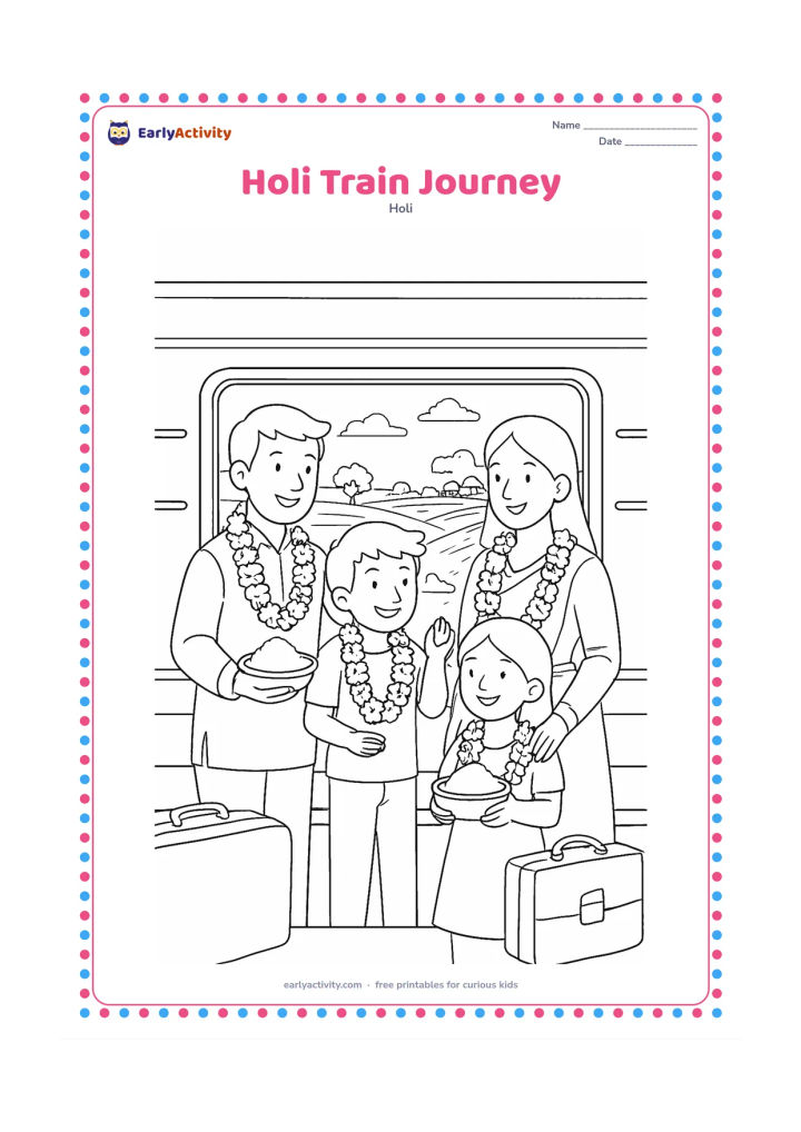 Colouring page: A family travels by train during spring Holi, looking from an open window at fields, trees and distant village homes while carrying gulal bowls and flower garlands. Include a blank train…