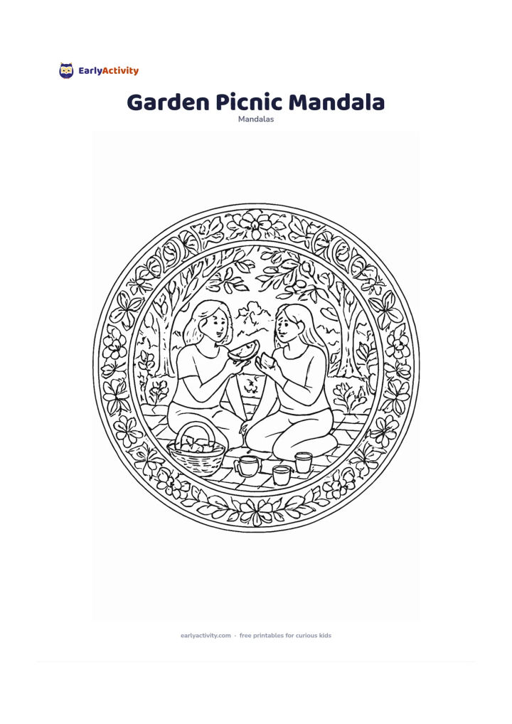 Colouring page: Create a circular mandala with two adult friends sitting on a picnic blanket and sharing fruit, surrounded by a basket, cups, flowers and leafy trees. Form the outer rings from repeated…