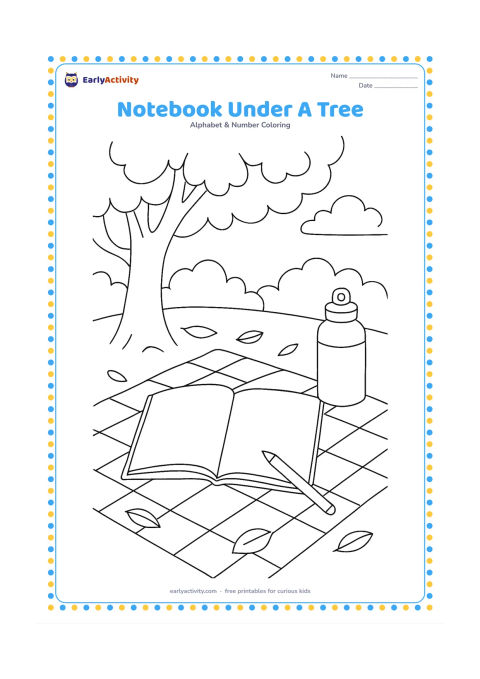 Colouring page: Draw an open blank notebook and pencil on a picnic cloth beneath a leafy tree. Add a water bottle, scattered leaves, and distant rounded bushes; the pages must contain no writing.