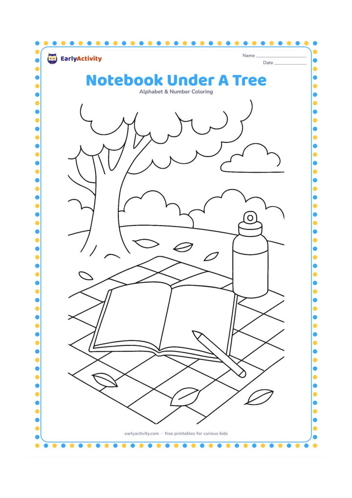 Colouring page: Draw an open blank notebook and pencil on a picnic cloth beneath a leafy tree. Add a water bottle, scattered leaves, and distant rounded bushes; the pages must contain no writing.