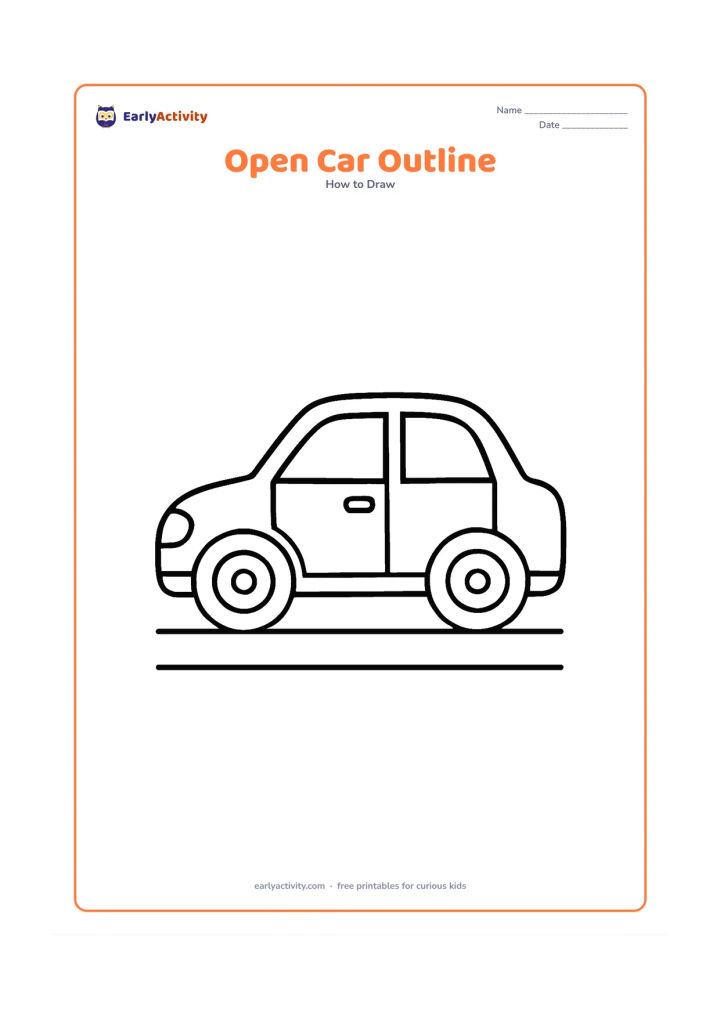Worksheet: Show a large prepared side-view outline of a car with empty windows, doors, lights and wheels, plus a simple road beneath it. Leave the interior areas open for children to finish and colour.