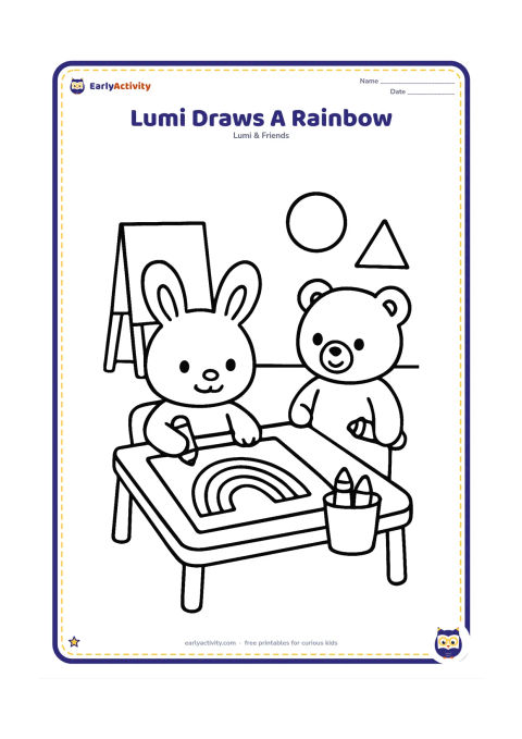 Colouring page: Lumi stands at a small table drawing a large rainbow on a blank sheet while a friend holds a crayon. Show a cup of chunky crayons, an easel and a few simple classroom shapes.