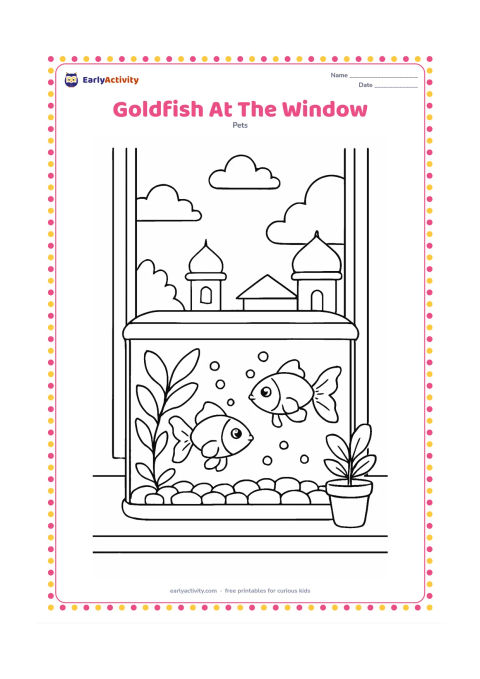 Colouring page: Draw a home aquarium on a window ledge with two goldfish, a leafy plant, bubbles and rounded gravel. Outside the window show simple Indian rooftops, a potted plant and soft clouds…