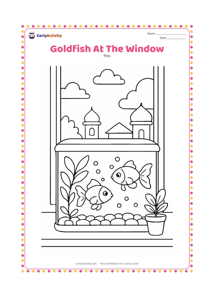 Colouring page: Draw a home aquarium on a window ledge with two goldfish, a leafy plant, bubbles and rounded gravel. Outside the window show simple Indian rooftops, a potted plant and soft clouds…