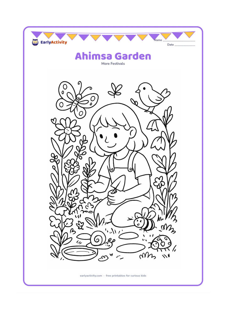 Colouring page: Draw a child caring for a thriving garden where a butterfly, bee, snail, bird and ladybird move safely among flowers, herbs, stepping stones and a small water dish.