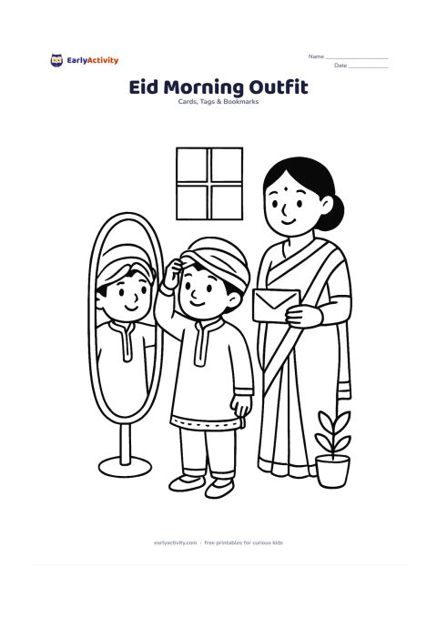 Worksheet: A child in festive Indian clothing stands beside a mirror, adjusting a cap or scarf while a family member holds a gift envelope. Add a window, a small plant, and a crescent decoration.