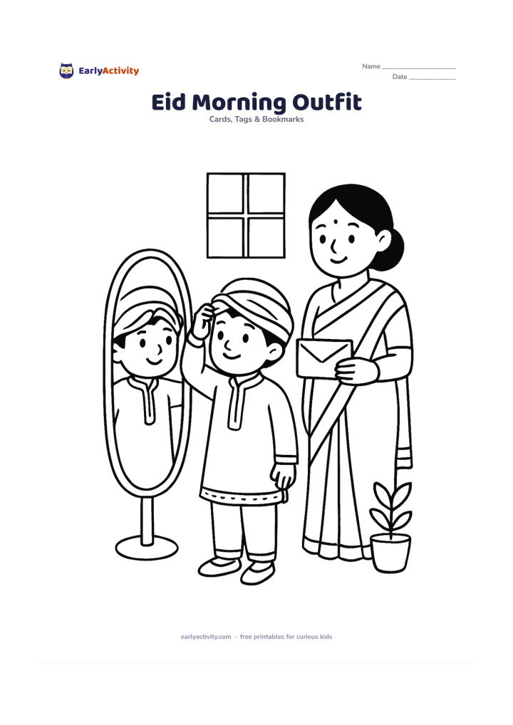 Worksheet: A child in festive Indian clothing stands beside a mirror, adjusting a cap or scarf while a family member holds a gift envelope. Add a window, a small plant, and a crescent decoration.