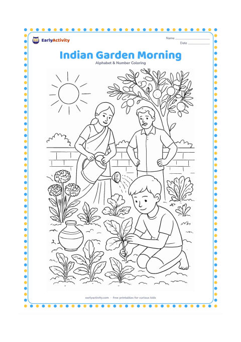 Colouring page: An Indian family garden in the early morning includes marigold flowers, leafy vegetable beds, a guava tree, a clay pot, a hand watering can, and a child inspecting a leaf. Show a low…