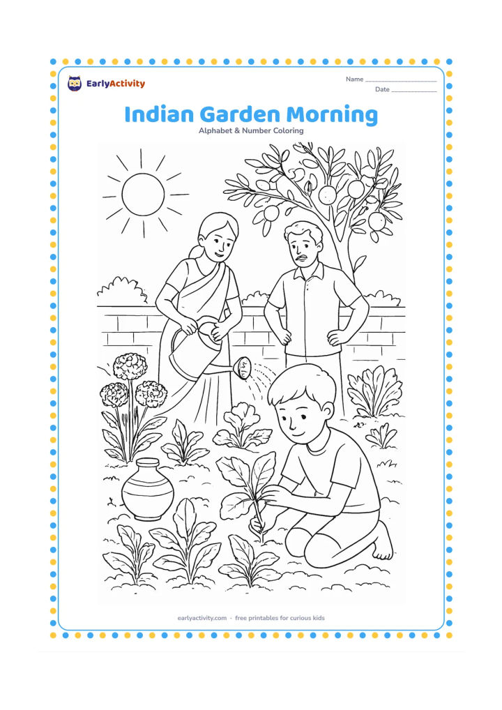 Colouring page: An Indian family garden in the early morning includes marigold flowers, leafy vegetable beds, a guava tree, a clay pot, a hand watering can, and a child inspecting a leaf. Show a low…