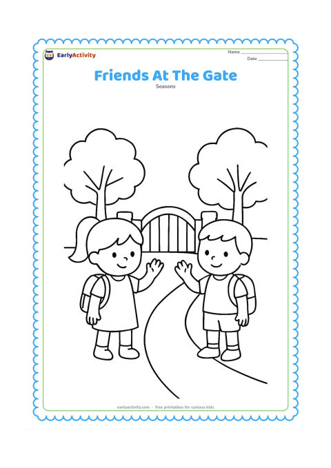 Colouring page: Two young friends meet and wave beside a simple school gate, each carrying a school bag. Show a path and two leafy trees behind them, without any gate signs.