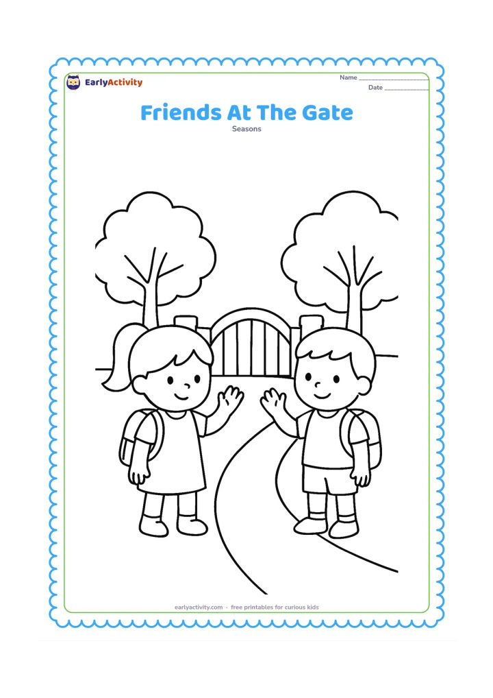 Colouring page: Two young friends meet and wave beside a simple school gate, each carrying a school bag. Show a path and two leafy trees behind them, without any gate signs.
