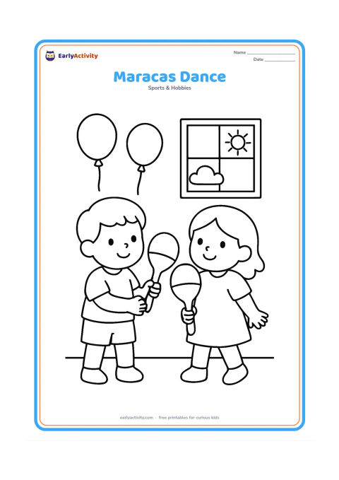 Colouring page: Two children gently shaking large maracas while standing on a simple floor. Add a few balloons and a window showing a bright daytime sky.
