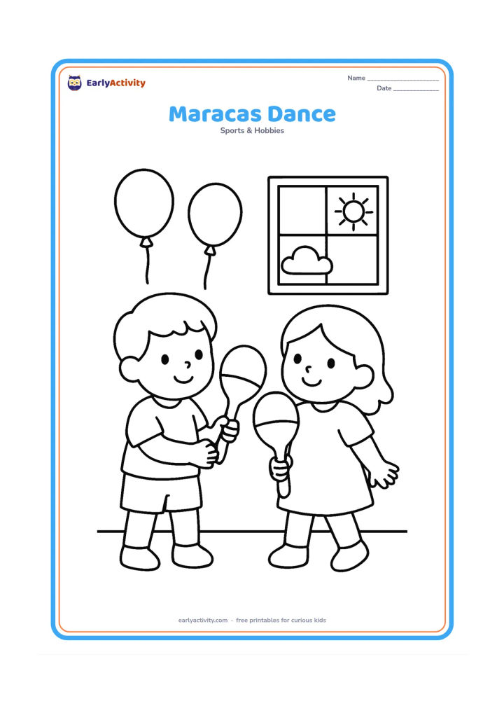 Colouring page: Two children gently shaking large maracas while standing on a simple floor. Add a few balloons and a window showing a bright daytime sky.