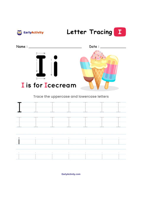 Letter tracing worksheet showing uppercase and lowercase I, tracing lines, and an illustration of ice cream treats.