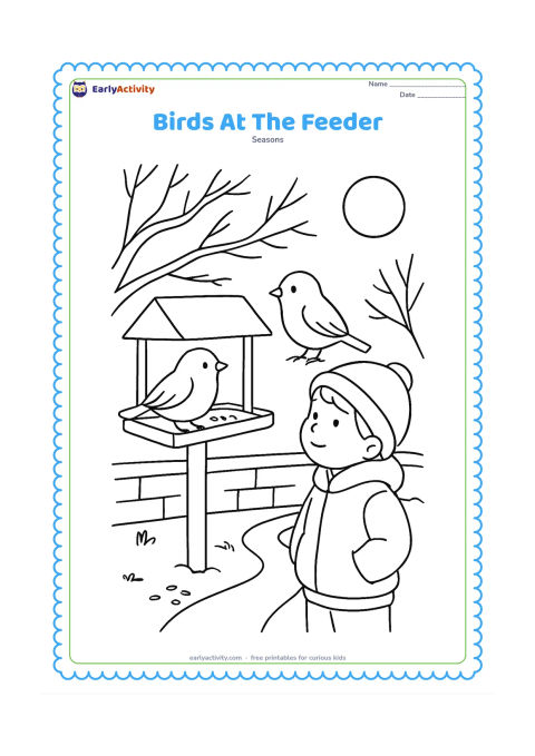 Colouring page: Two small birds perch on a simple outdoor feeder while a child in a jacket watches from a garden path. Add bare branches, a low wall, a few seeds and a pale winter sun.
