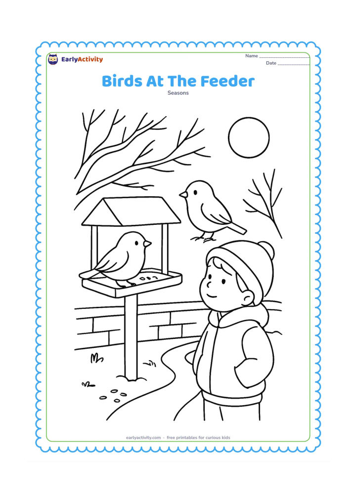 Colouring page: Two small birds perch on a simple outdoor feeder while a child in a jacket watches from a garden path. Add bare branches, a low wall, a few seeds and a pale winter sun.