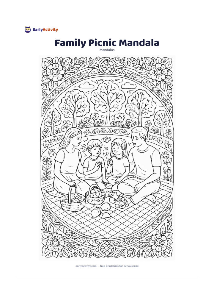 Colouring page: Draw two adults and two children sitting on a picnic blanket at the centre of a circular park mandala, with a basket, fruit, trees, flowers, clouds, and repeating blanket borders around…
