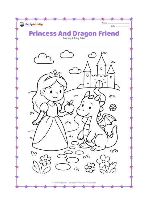 Colouring page: Draw a smiling princess offering an apple to a small, gentle dragon beside a castle garden. Add rounded hills, flowers, a stone path, and a few harmless puffs of cloud.