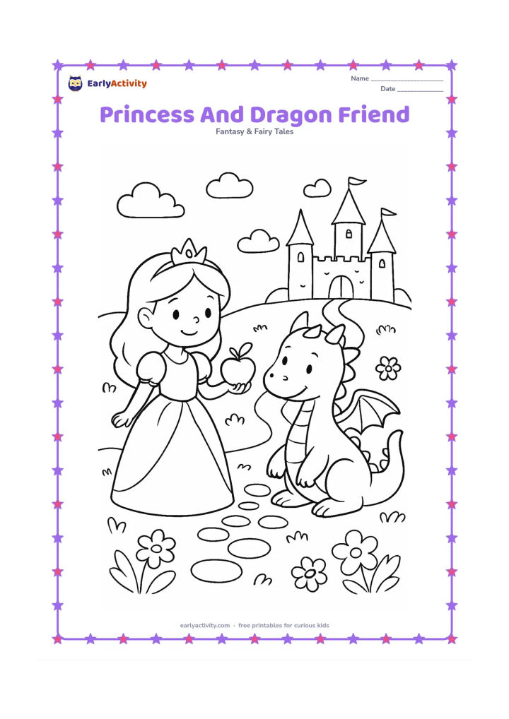 Colouring page: Draw a smiling princess offering an apple to a small, gentle dragon beside a castle garden. Add rounded hills, flowers, a stone path, and a few harmless puffs of cloud.