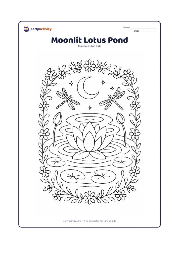 Colouring page: A detailed circular mandala with a large open lotus in the centre, layered water rings, lily pads, closed buds and curling pond stems. Place a crescent moon, small stars and two resting…