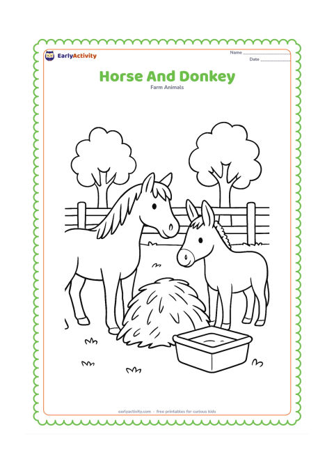 Colouring page: A horse and a donkey stand together in a fenced farm paddock, facing opposite directions. Add a shared hay pile, a water trough and two trees behind them.