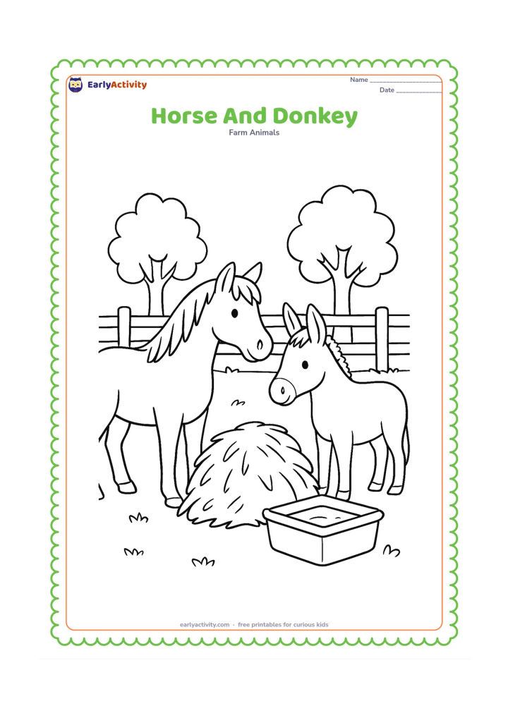 Colouring page: A horse and a donkey stand together in a fenced farm paddock, facing opposite directions. Add a shared hay pile, a water trough and two trees behind them.