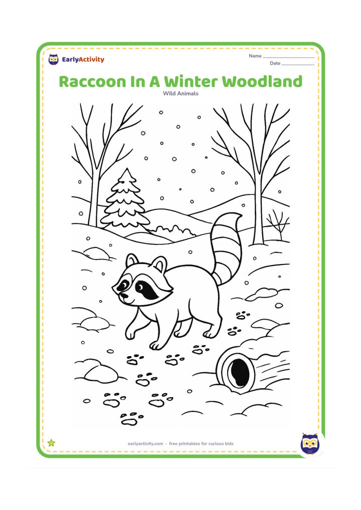 Colouring page: Draw a raccoon making paw prints through fresh snow between bare trees and evergreen branches, with its tail held high. Add snow-covered rocks, a hollow log, distant hills and softly…