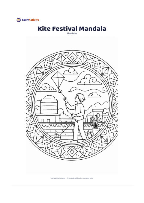 Colouring page: Create a circular mandala with an adult standing on a rooftop and guiding a kite, with a water tank, potted plants and distant rooftops suggested behind them. Build the outer rings from…