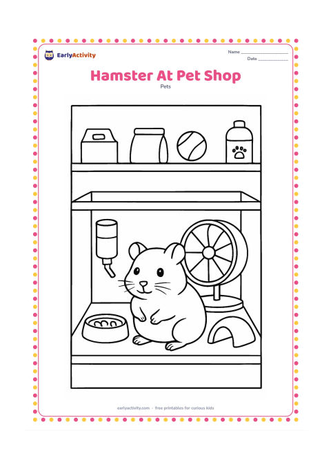 Colouring page: A hamster sits in a clean display enclosure at a pretend pet shop, beside a water bottle, food dish, wheel and tunnel. Show shelves of simple pet supplies in the background without any…