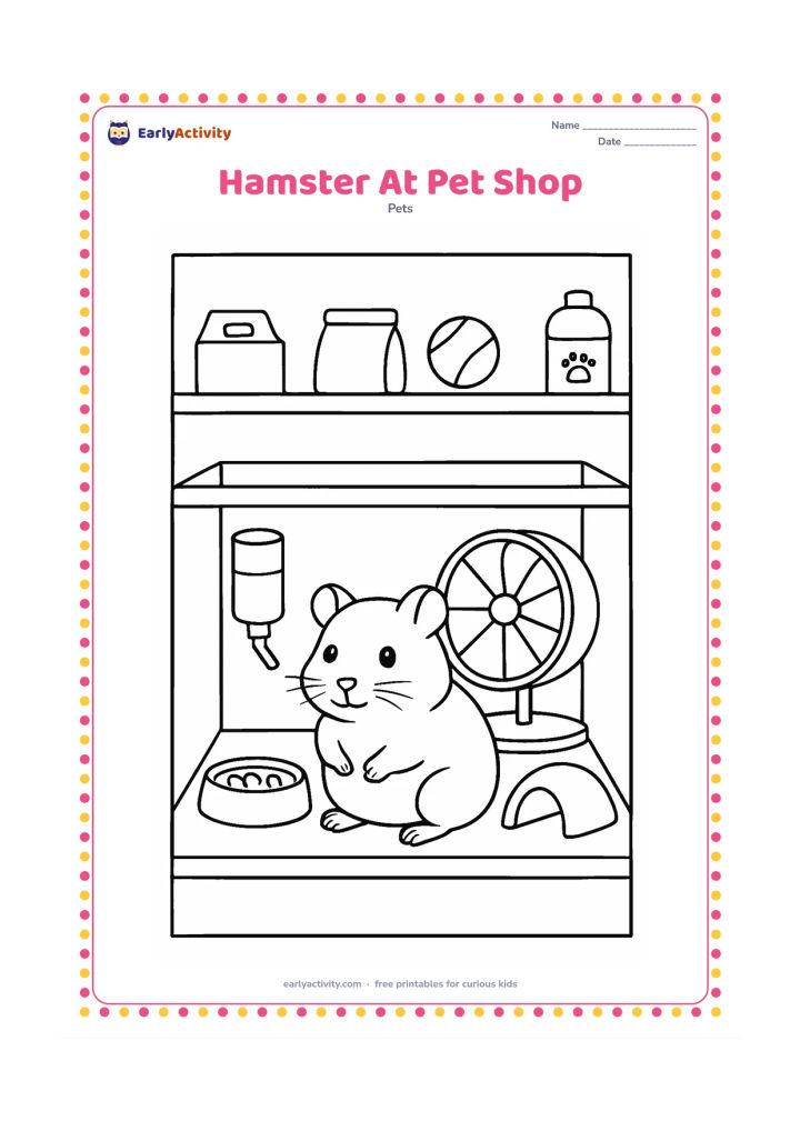 Colouring page: A hamster sits in a clean display enclosure at a pretend pet shop, beside a water bottle, food dish, wheel and tunnel. Show shelves of simple pet supplies in the background without any…