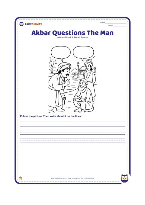 Worksheet: Show Akbar leaning forward to ask the poor man a question beside the lake, with Birbal listening nearby. Add the distant lamp, palace walkway and winter trees.