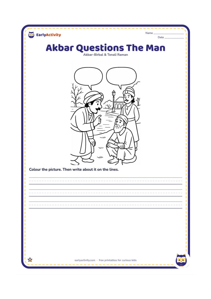 Worksheet: Show Akbar leaning forward to ask the poor man a question beside the lake, with Birbal listening nearby. Add the distant lamp, palace walkway and winter trees.
