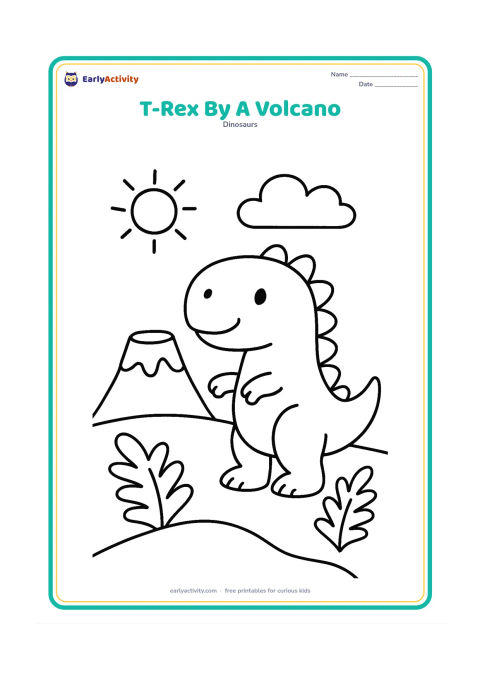 Colouring page: A friendly T-Rex stands beside a small quiet volcano with a rounded cloud above it. Include broad ground shapes, two ferns, and a sun in the background.