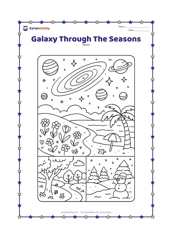 Colouring page: Divide the scene into four connected natural areas showing the same imaginary galaxy above spring flowers, a summer beach, autumn trees and a winter snowy hill. Add a few planets and…