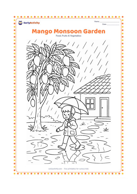 Colouring page: A detailed mango tree beside an Indian home during monsoon season, with ripe mangoes, broad leaves, a child under an umbrella, stepping stones, and puddles reflecting the branches.