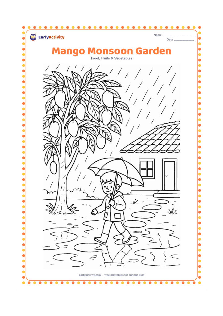 Colouring page: A detailed mango tree beside an Indian home during monsoon season, with ripe mangoes, broad leaves, a child under an umbrella, stepping stones, and puddles reflecting the branches.