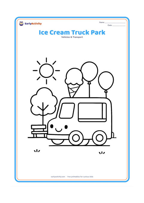 Colouring page: An ice cream truck is parked in a sunny park beside a tree, a bench and two large balloons. Show a simple serving window without any sign, words or pictures inside it.