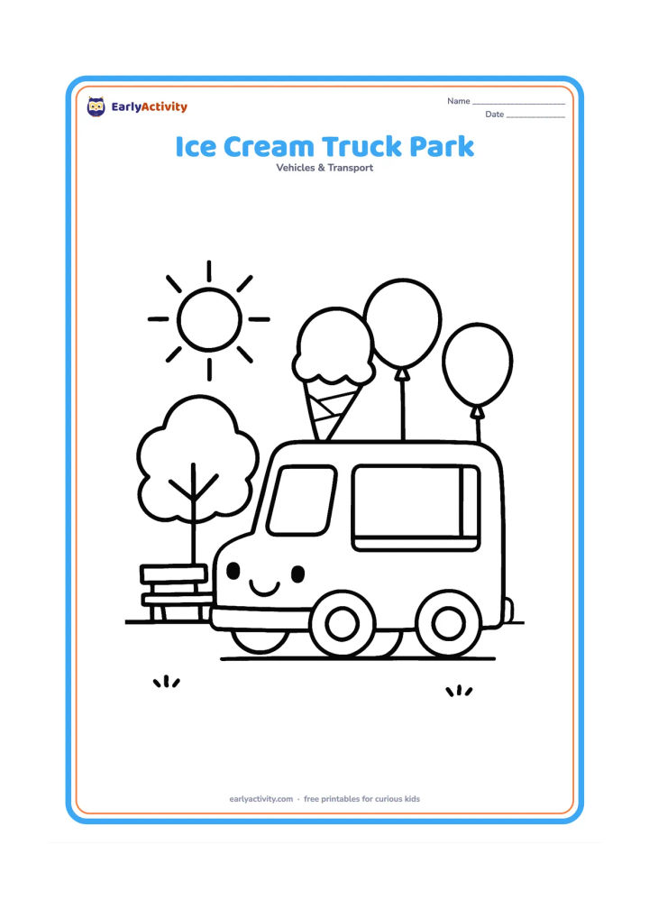 Colouring page: An ice cream truck is parked in a sunny park beside a tree, a bench and two large balloons. Show a simple serving window without any sign, words or pictures inside it.