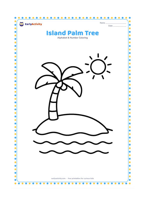 Colouring page: Draw a small island surrounded by calm water, with one tall palm tree, a gently curving shoreline, and a simple sun above the horizon.