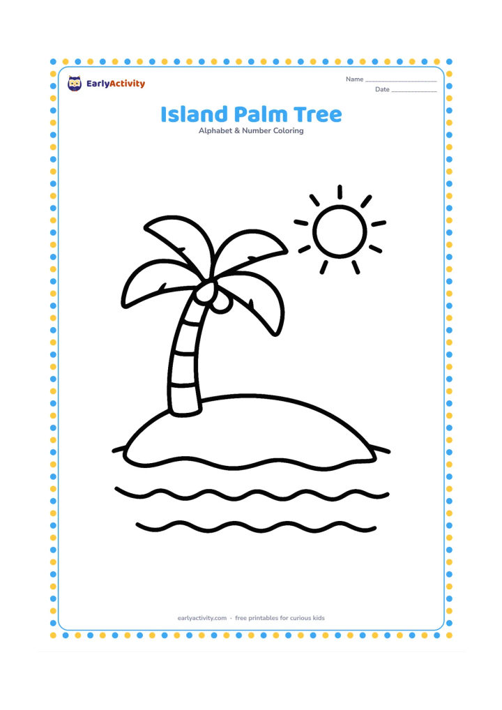 Colouring page: Draw a small island surrounded by calm water, with one tall palm tree, a gently curving shoreline, and a simple sun above the horizon.