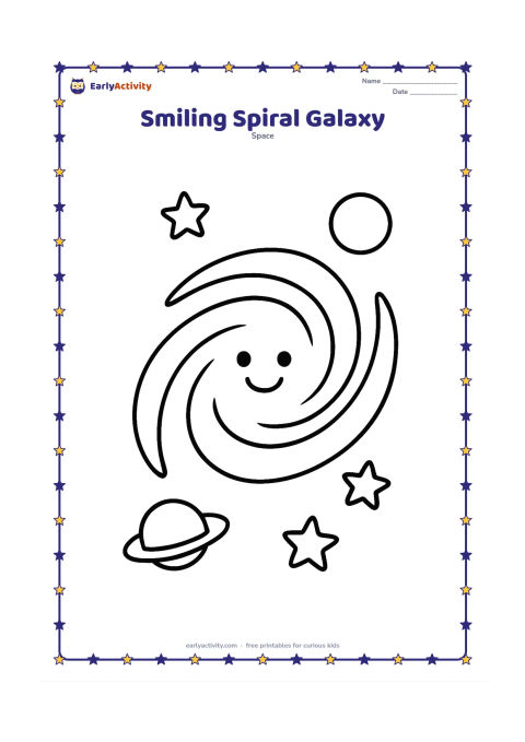 Colouring page: A large spiral galaxy with a friendly round face, broad curved arms, a few large stars and two simple planets around it. Place the galaxy in the centre with plenty of open space around…