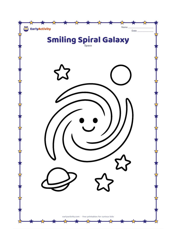 Colouring page: A large spiral galaxy with a friendly round face, broad curved arms, a few large stars and two simple planets around it. Place the galaxy in the centre with plenty of open space around…