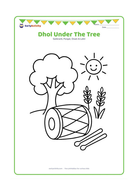 Colouring page: A large dhol rests beneath a friendly-looking leafy tree, with two drumsticks placed beside it. Add a few oversized wheat stalks and a simple spring sun in the open background.