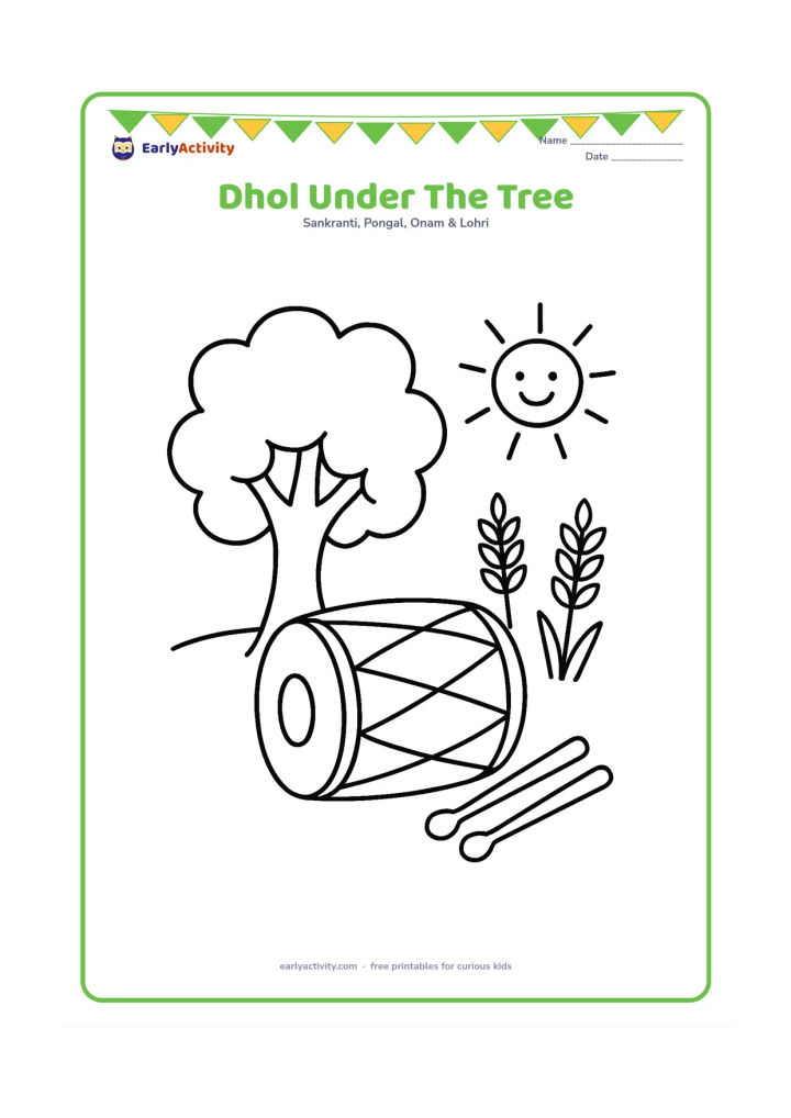 Colouring page: A large dhol rests beneath a friendly-looking leafy tree, with two drumsticks placed beside it. Add a few oversized wheat stalks and a simple spring sun in the open background.