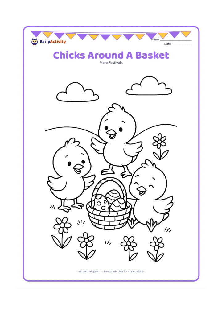Colouring page: Three cheerful chicks gather around a woven Easter basket containing decorated eggs. Place them on a grassy patch with several spring flowers and a gently curved hill behind them.