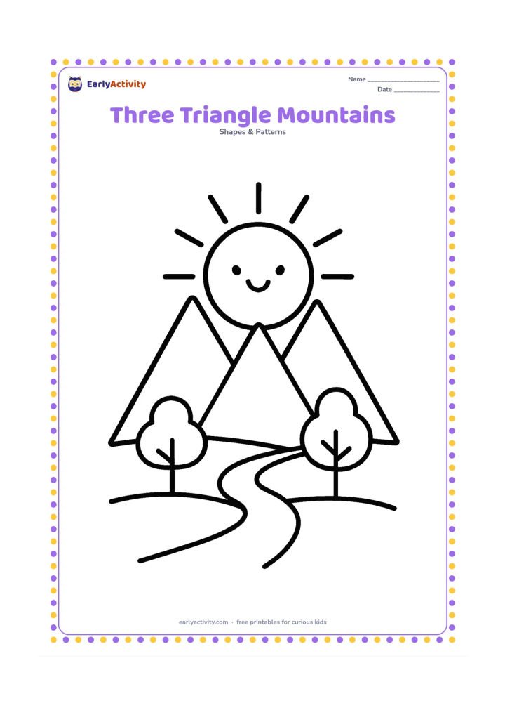 Colouring page: Show three large mountain triangles behind a smiling sun, with a small path and two trees in front. Make each mountain point upward and easy to count by touch.